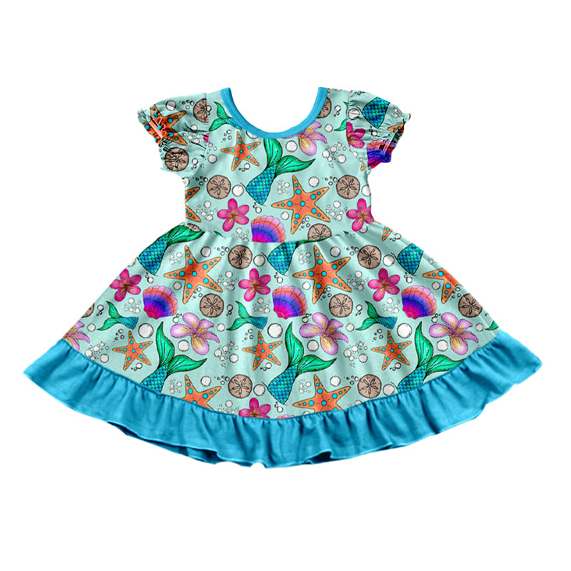 preorder GSD0945 mermaid starfish flowers blue short sleeve girls dress