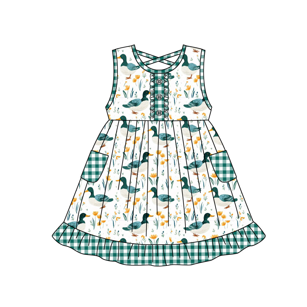 preorder GSD0971 mallard duck green checkered pockets sleeveless girls dress