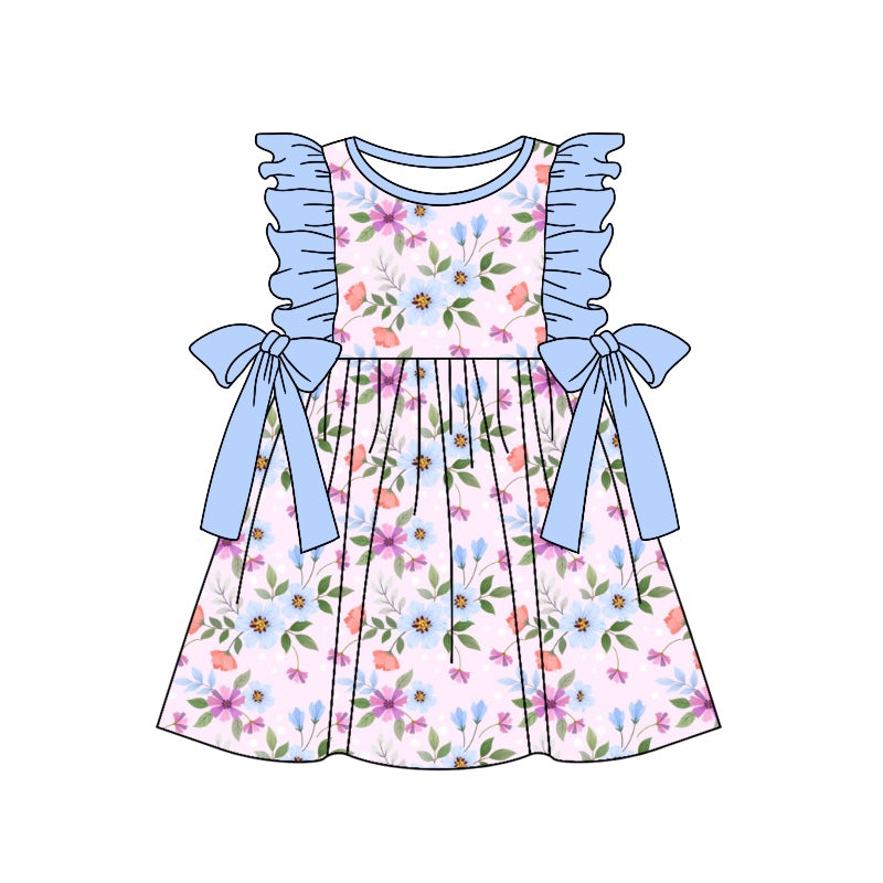 preorder GSD1001 multi colorful flowers blue ruffles flutter sleeve girls dress