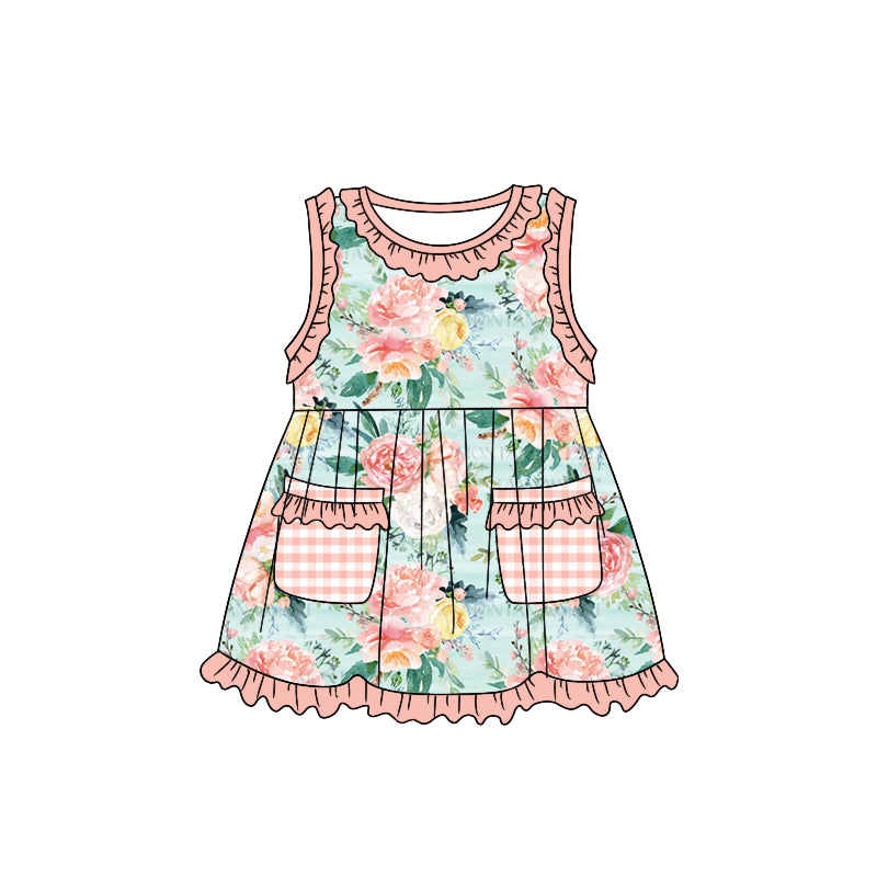preorder GSD1004 pink flowers pink checkered pockets sleeveless girls dress