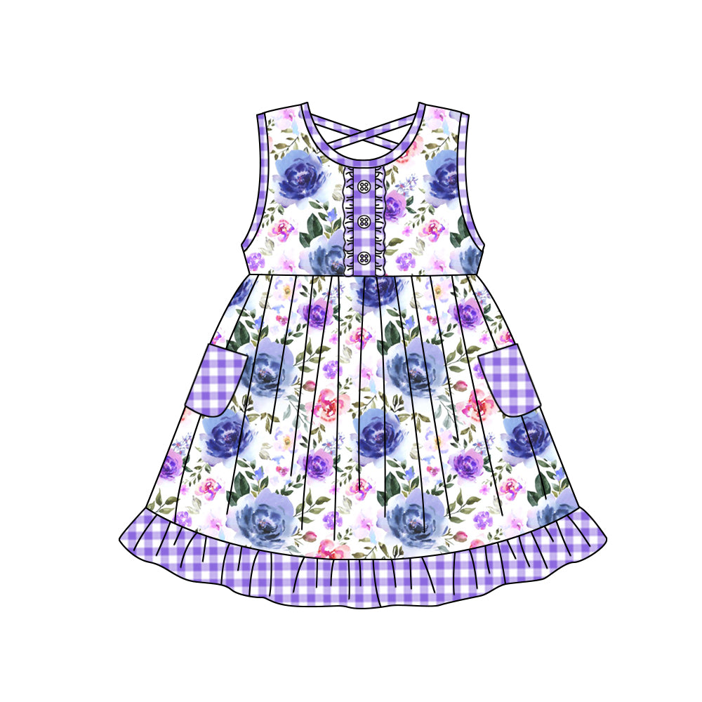 preorder GSD1008 flowers pockets purple checkered sleeveless girls dress