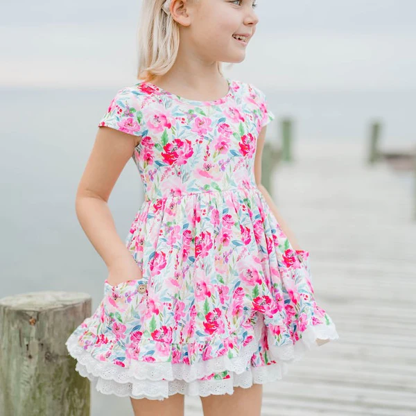 preorder GSD1010 hot pink flowers pockets short sleeve girls dress