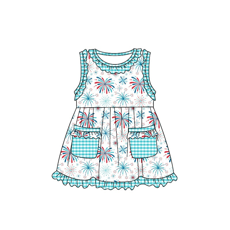 preorder GSD1014 July 4th blue checkered firework sleeveless girls dress