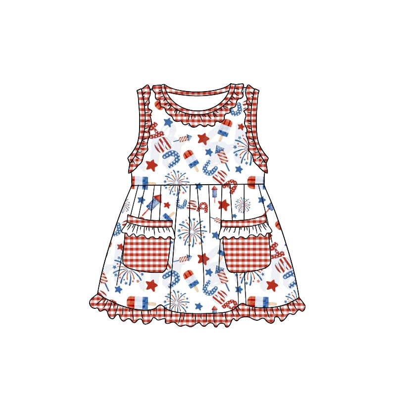 preorder GSD1022 July 4th USA fireworks red checkered pockets sleeveless girls dress