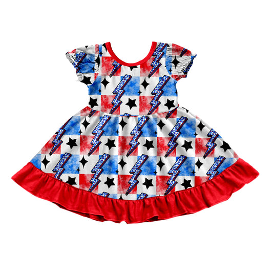 preorder GSD1029 July 4th red blue checkered lightning short sleeve girls dress