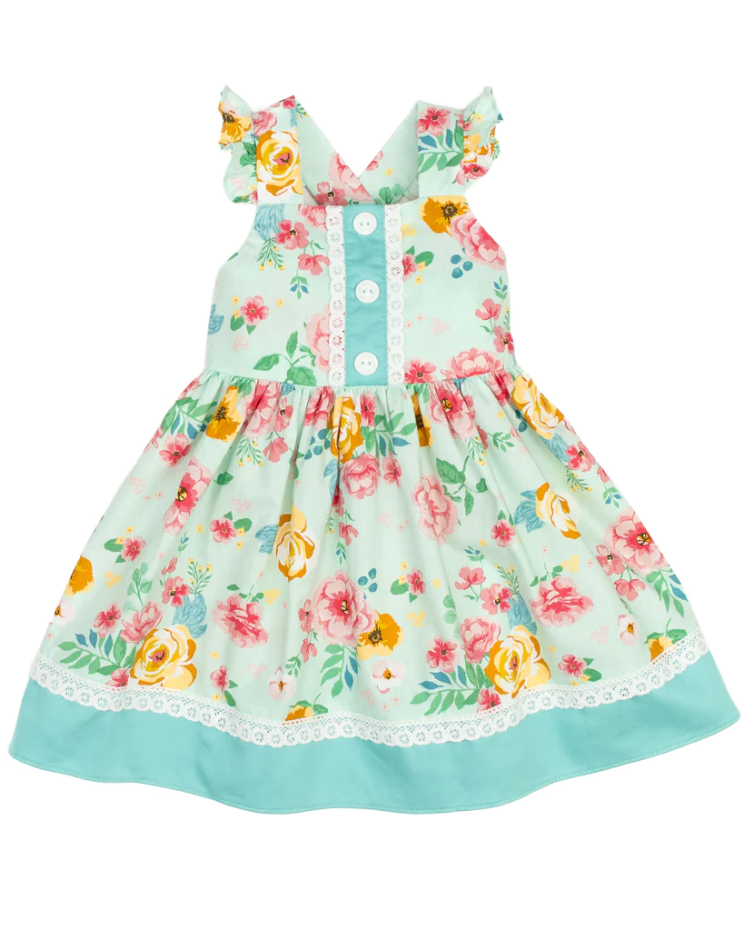 preorder GSD1034 multi color flowers blue flutter sleeve girls dress