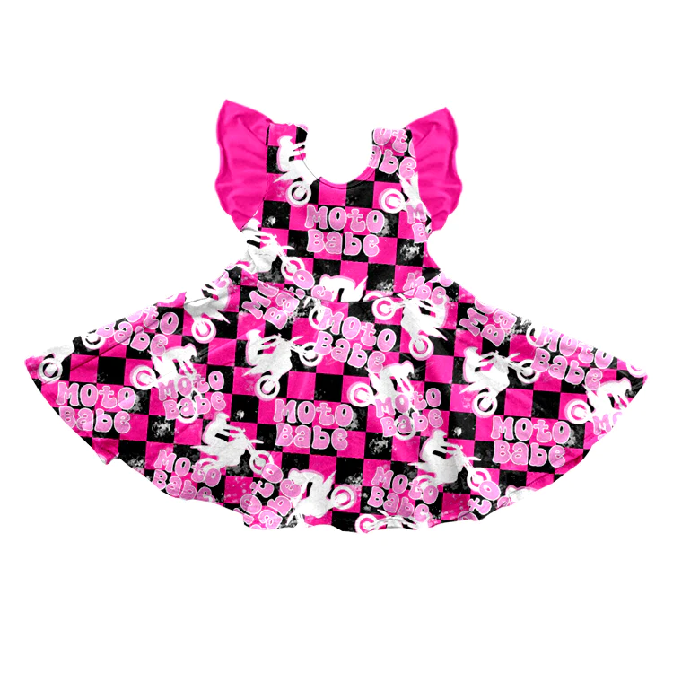 preorder GSD1051 moto babe black hot pink checkered flutter sleeve girls dress