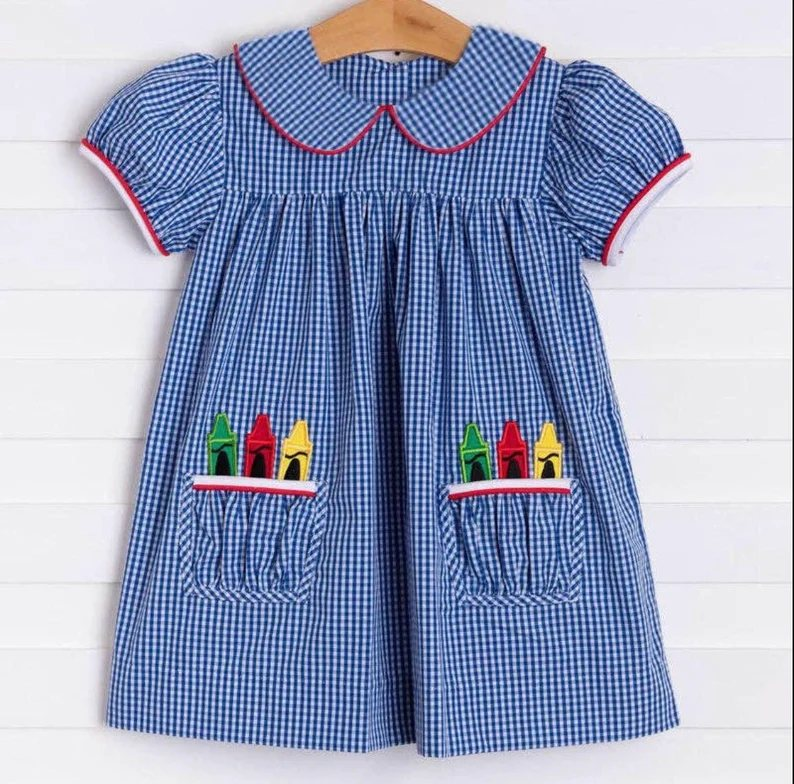 preorder GSD1057 back to school pen blue checkered flutter sleeve girls dress