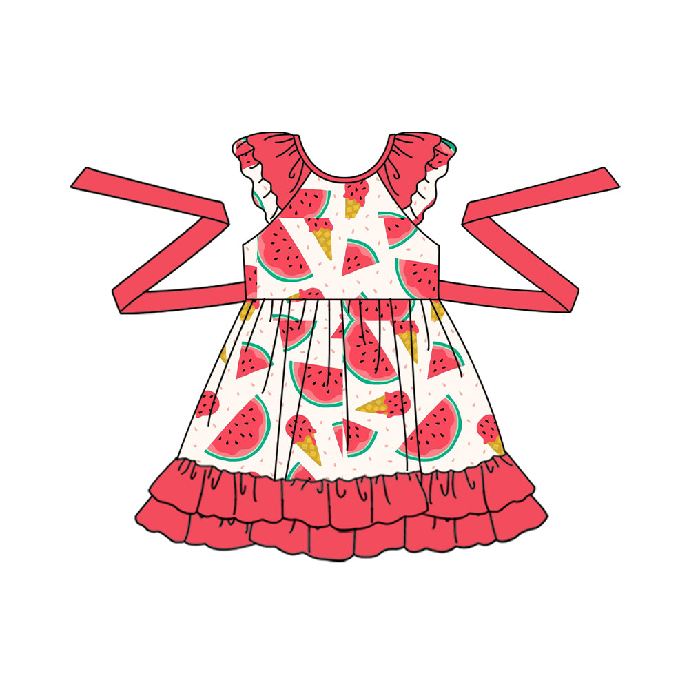preorder GSD1061 watermelon ice red flutter sleeve girls dress