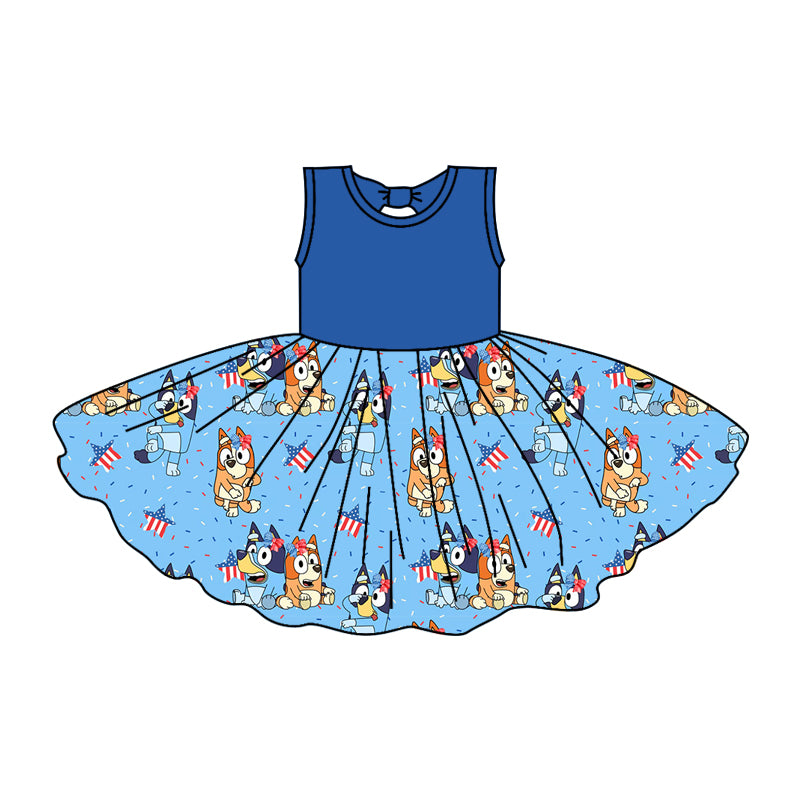 preorder GSD1068 July 4th cartoon blue dog blue sleeveless girls dress