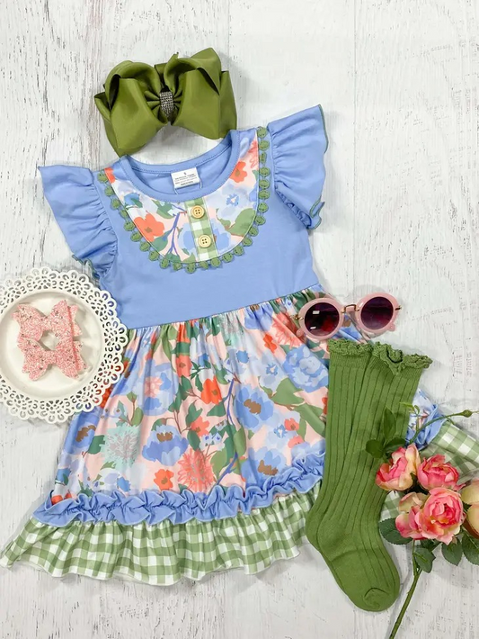 preorder GSD1072 multi color flowers blue flutter sleeve girls dress