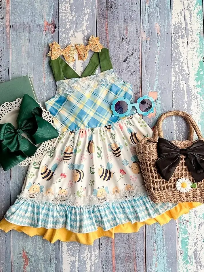 preorder GSD1074 cute bee blue checkered girls dress