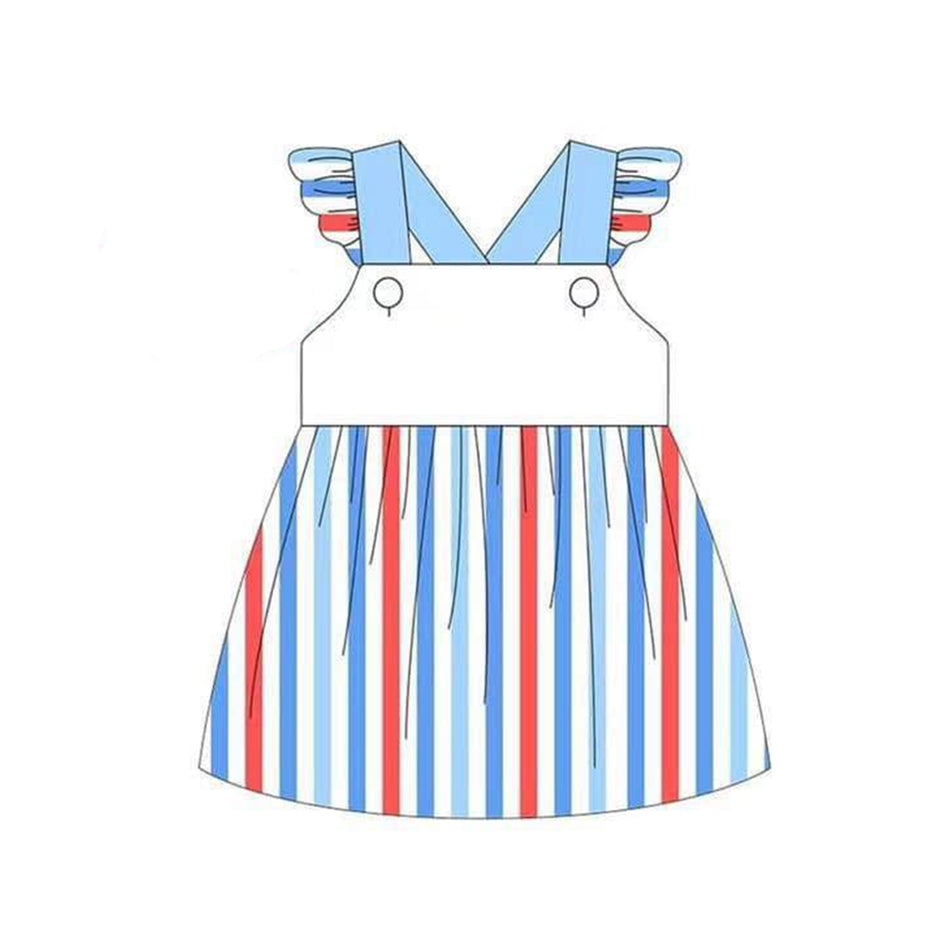 preorder GSD1117 July 4th red blue striped flutter sleeve girls dress