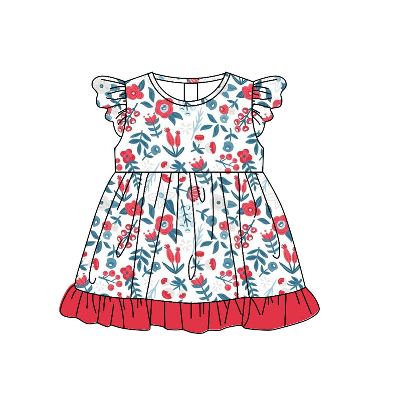 preorder GSD1121 red flowers leaf flutter sleeve Summer flowers girls dress