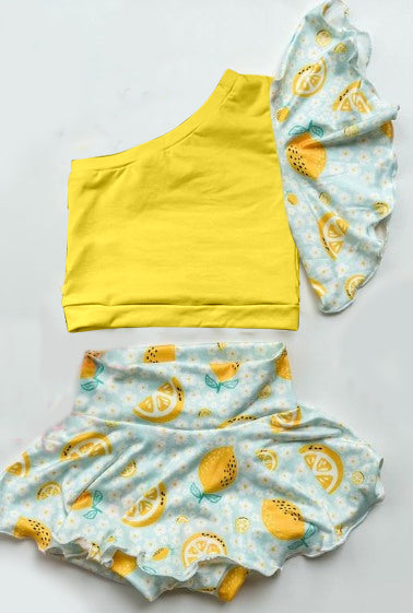 preorder GBO0357 Summer lemon yellow off-shoulder skirt girls set