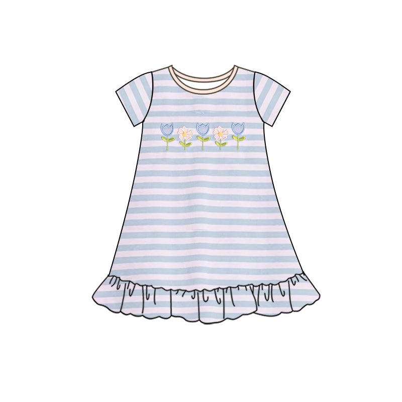 preorder GSD1129 flowers Summer cute flowers blue striped short sleeve girls dress