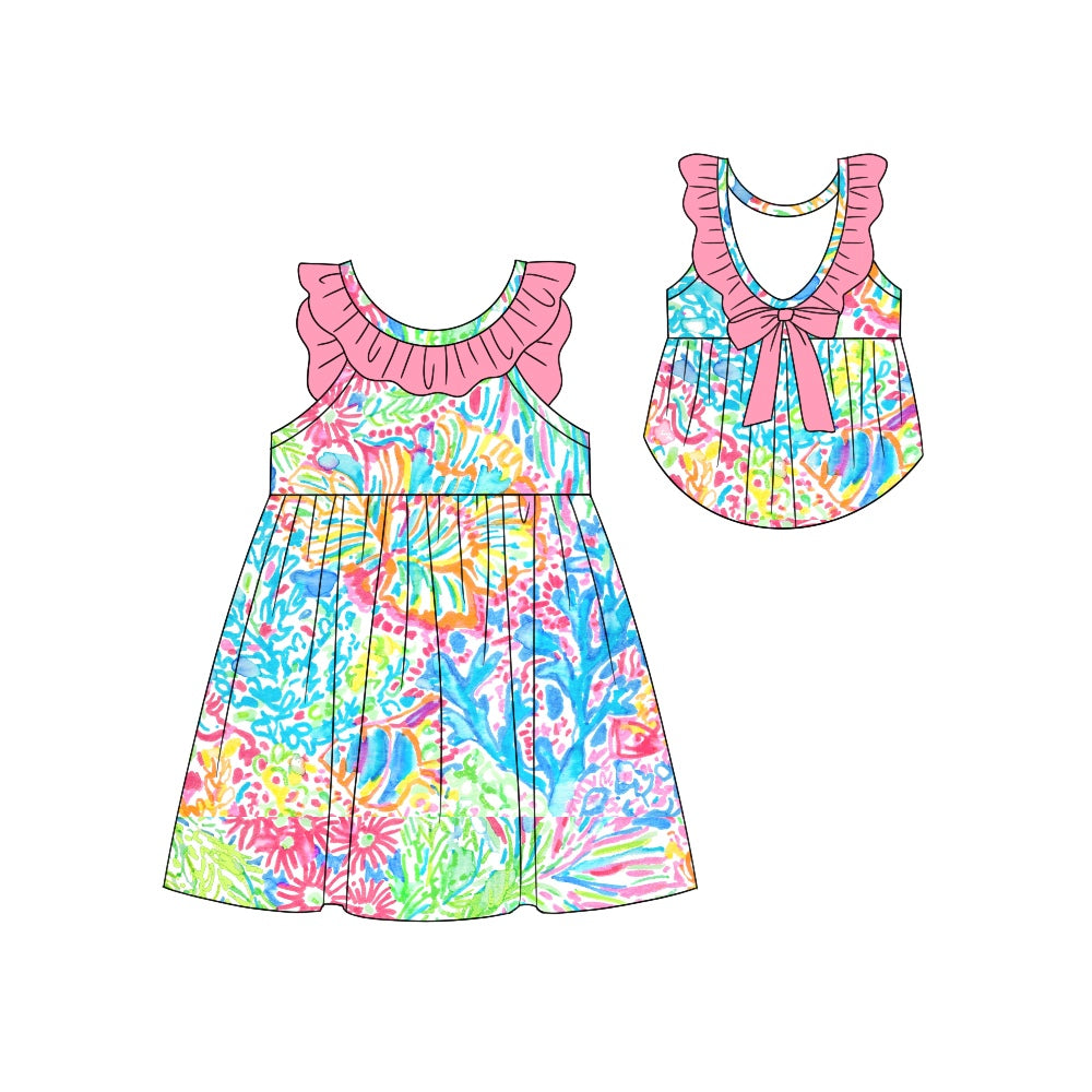 preorder GSD1136 multi color print bright flowers print girls pink dress