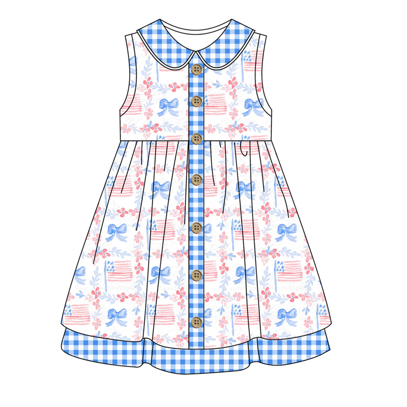 preorder GSD1160 July 4th flag bow blue checkered sleeveless girls dress