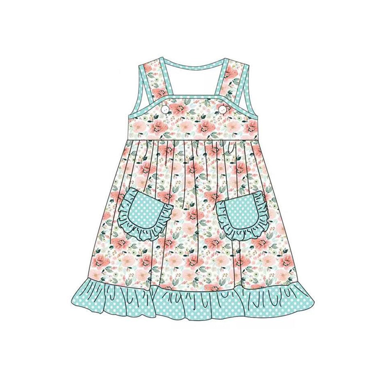 preorder GSD1180 pink flowers sky blue pockets sleeveless girls dress