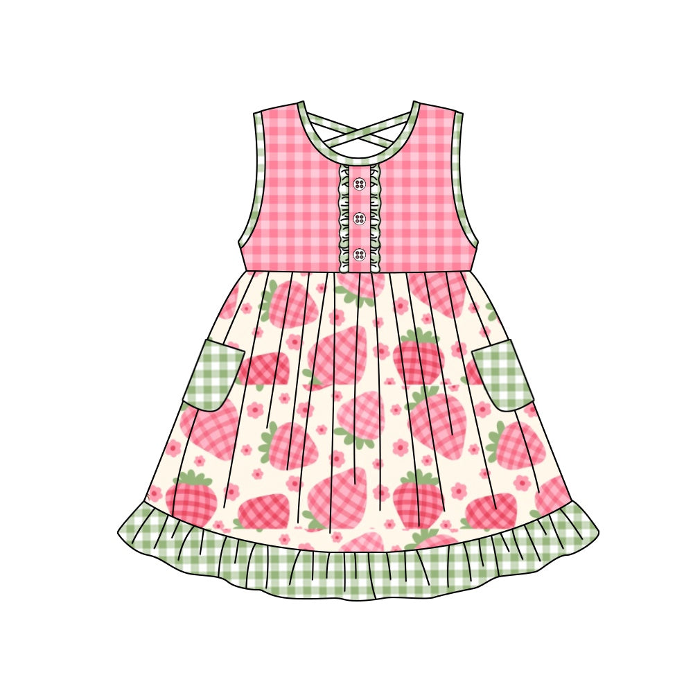 preorder GSD1183 pink strawberry checkered pockets sleeveless girls dress