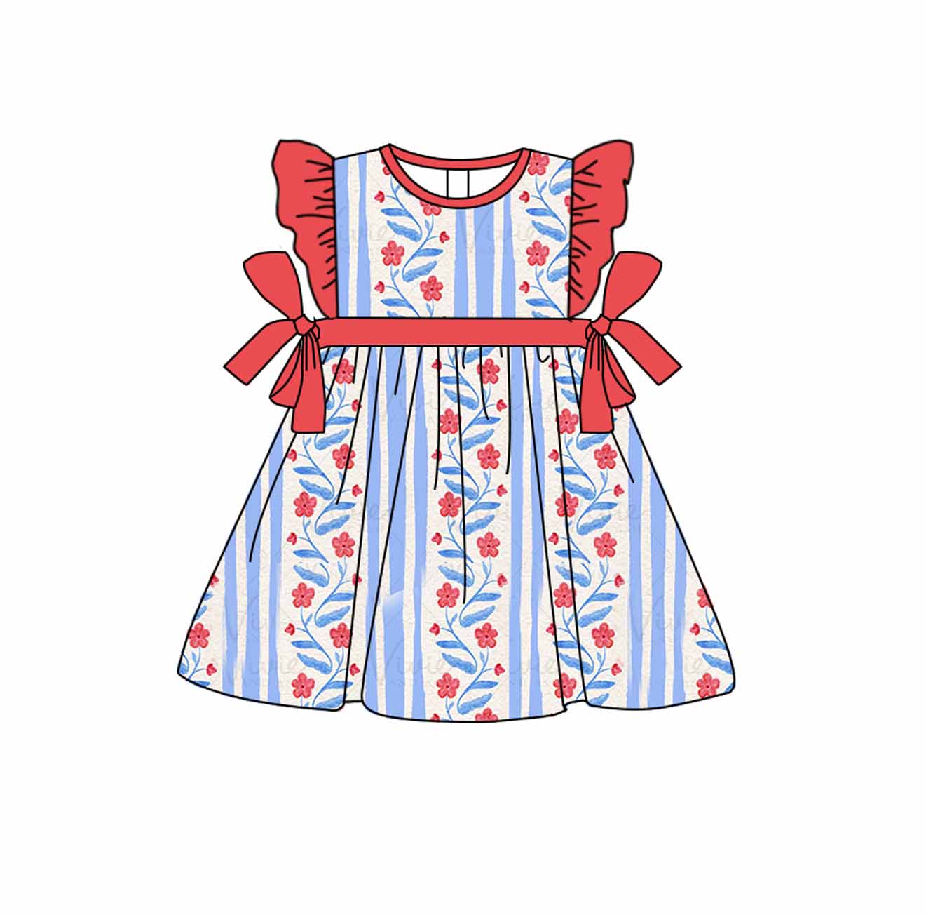preorder GSD1209 red flowers blue striped flutter sleeve girls dress