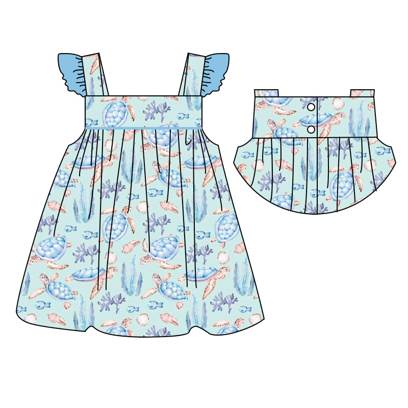 preorder GSD1211 Sea turtle blue flutter sleeve girls dress