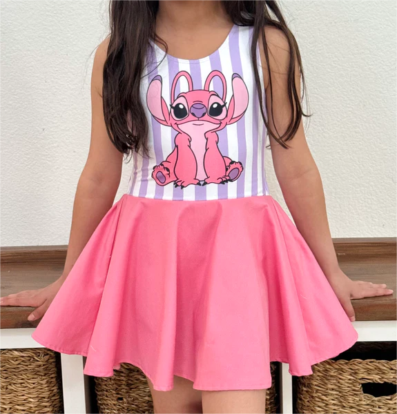 preorder GSD1219 cartoon animals pink sleeveless girls purple striped dress