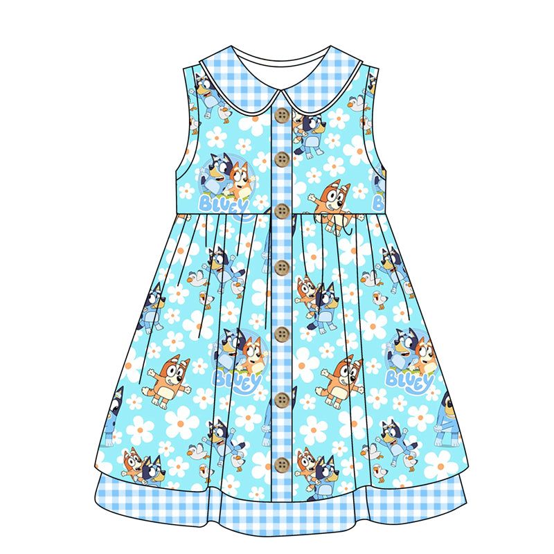 preorder GSD1229 cartoon blue dog flowers sleeveless girls dress