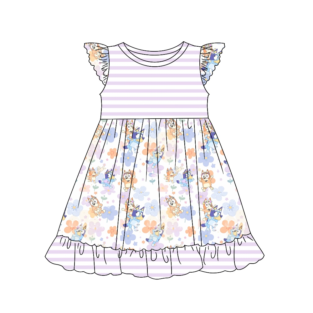 preorder GSD1230 cartoon blue dog flowers purple striped flutter sleeve girls dress