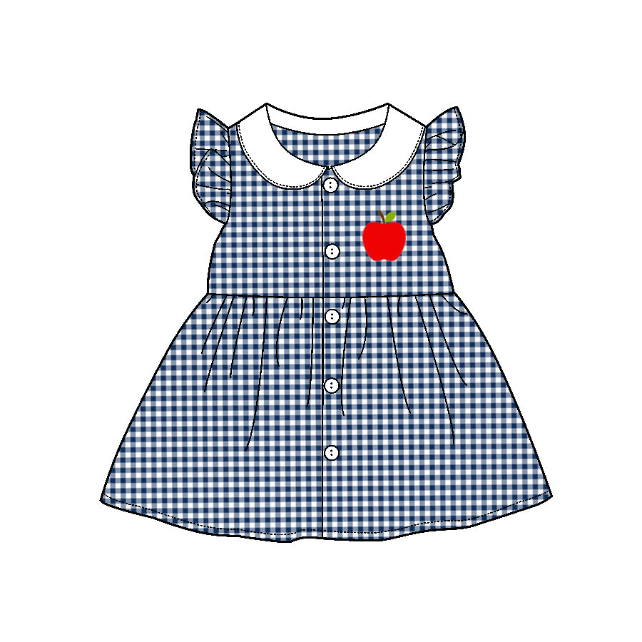 custom moq 3 apple navy blue checkered flutter sleeve girls dress