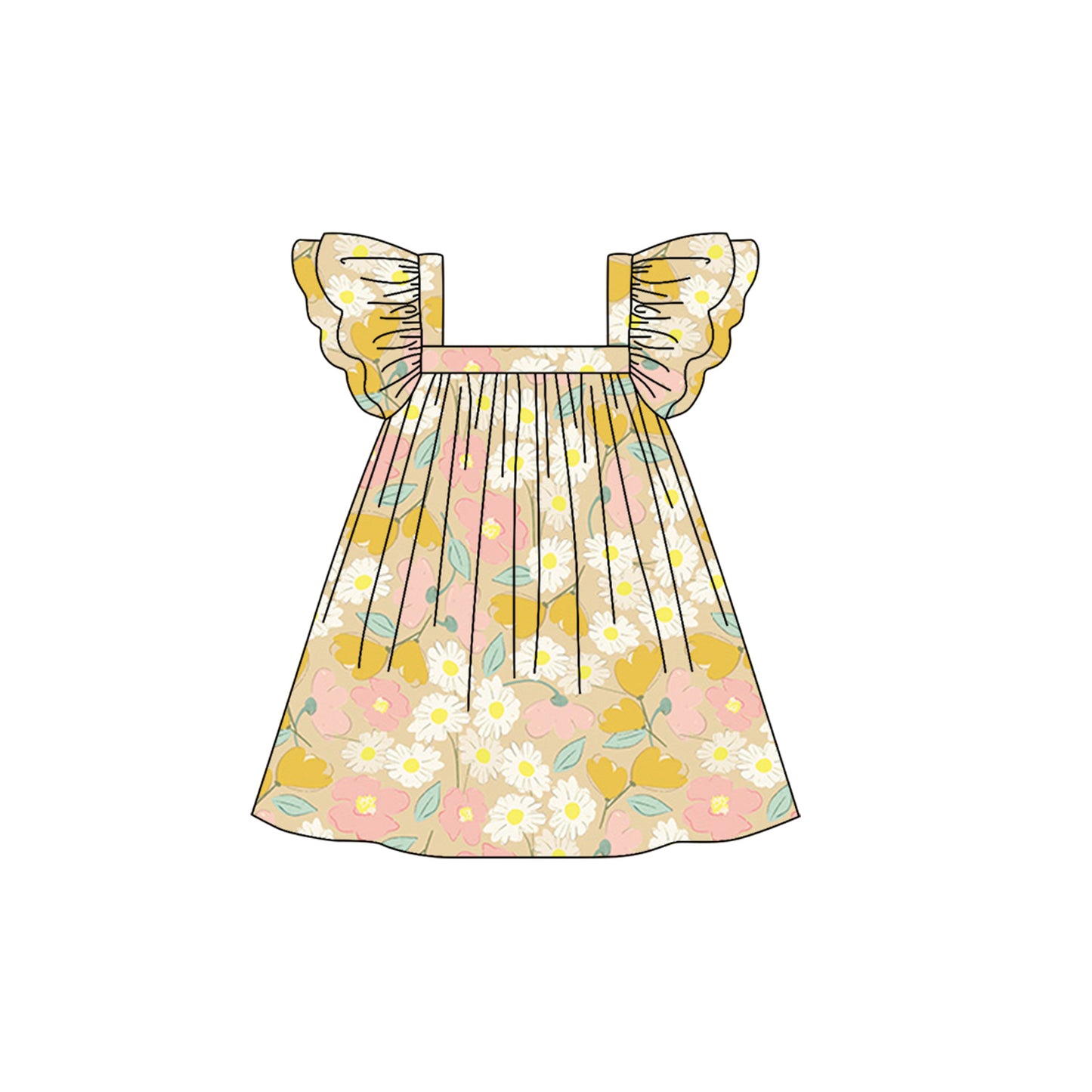 preorder GSD1239 cute colorful flowers yellow flutter sleeve girls dress