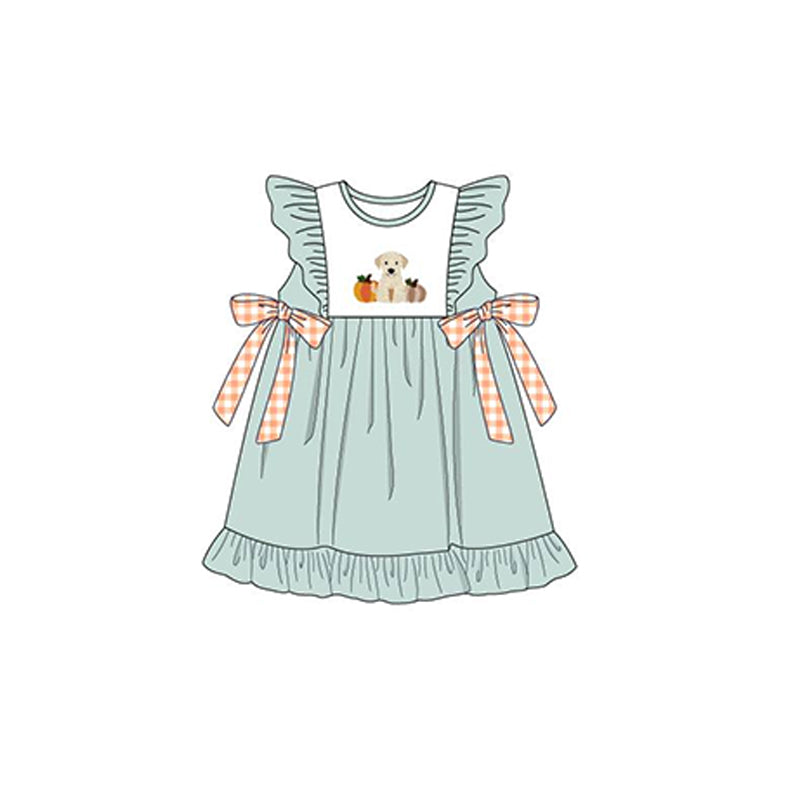 preorder GSD1254 Autumn full pumpkin dog green ruffles sleeve girls dress
