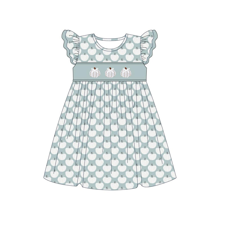 preorder GSD1255 Autumn pumpkin blue flutter sleeve girls dress