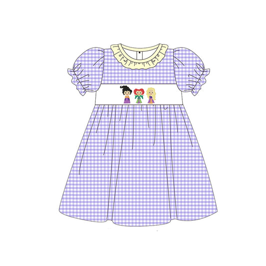 preorder GSD1258 Halloween witch purple checkered short sleeve girls dress