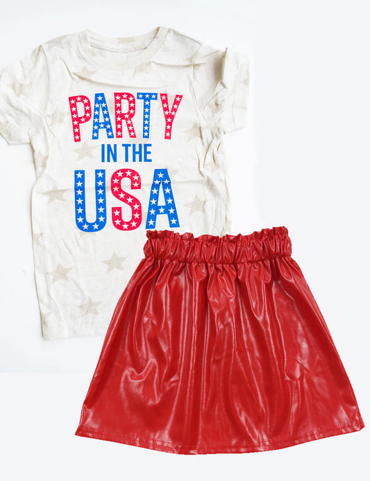 preorder GSD1264 July 4th party in the USA short sleeve red leather skirt girls set