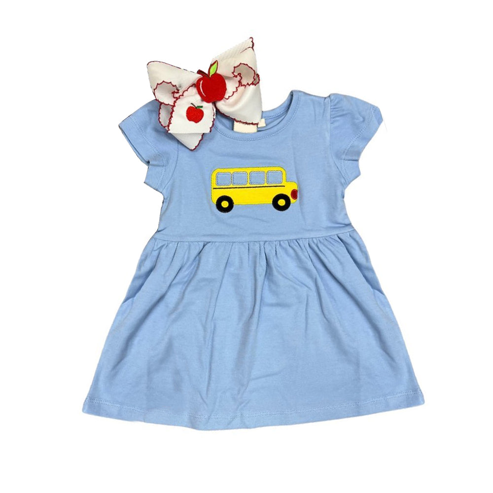 preorder GSD1282 back to school bus blue short sleeve girls dress