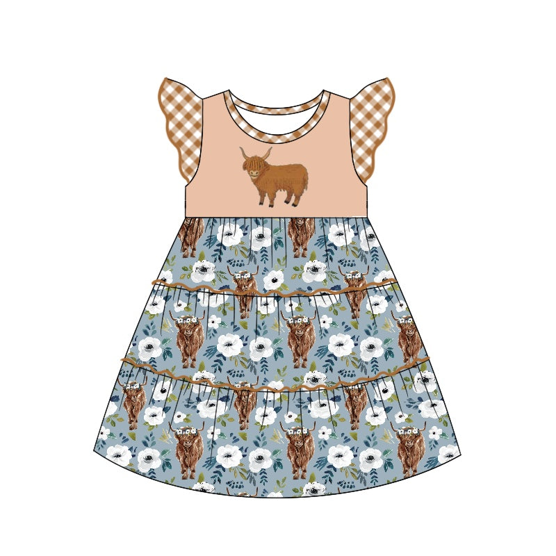 preorder GSD1287 highland cow flowers orange flutter sleeve girls dress