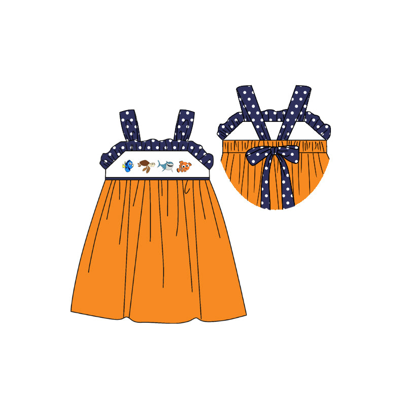 preorder GSD1290 fish shark tortoise orange navy blue dot girls dress