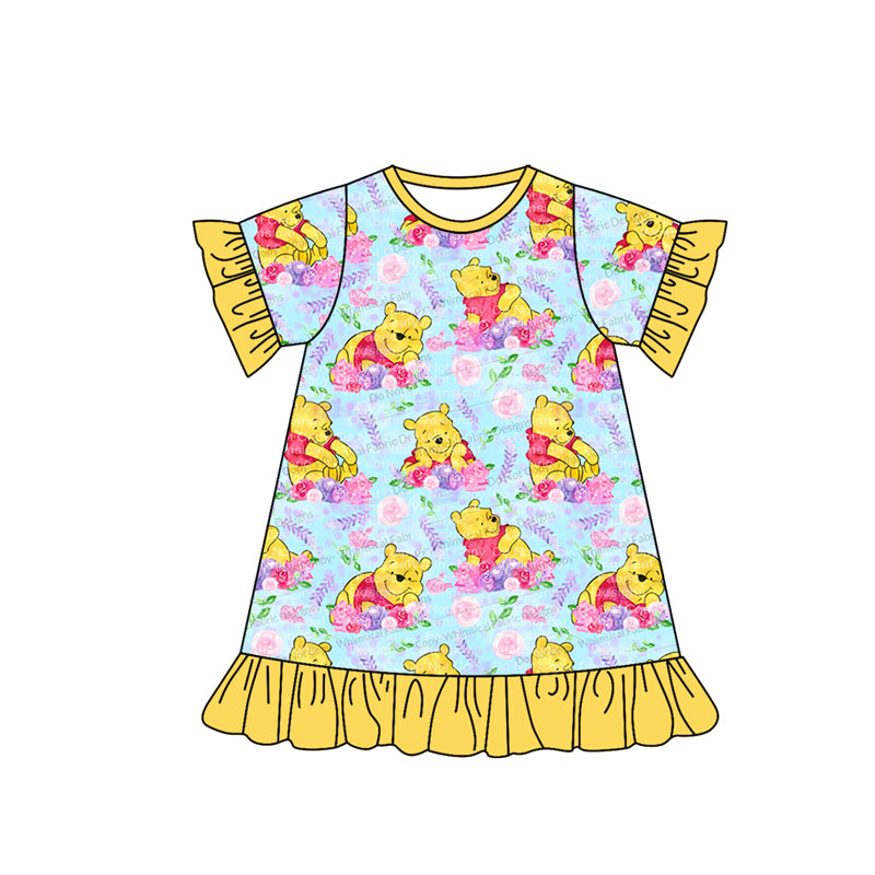 preorder GSD1292 cartoon cute bear flowers yellow short sleeve girls dress