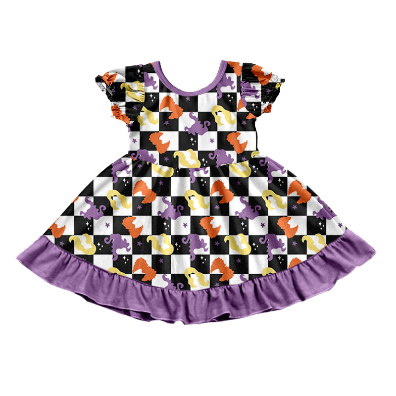 preorder GSD1307 Halloween witch plaid purple short sleeve girls dress