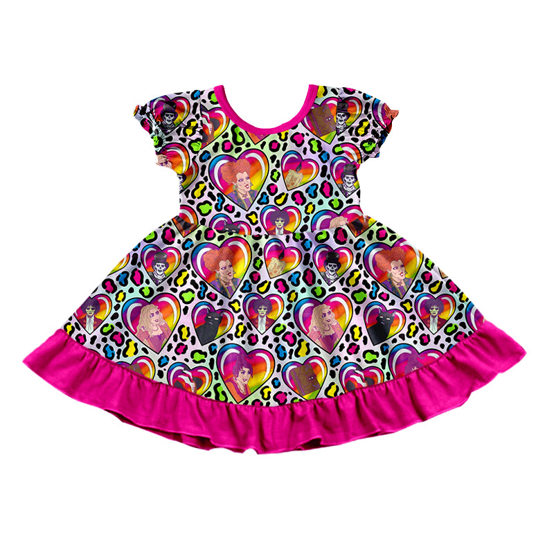 preorder GSD1308 Halloween witch colorful leopard hot pink short sleeve girls dress