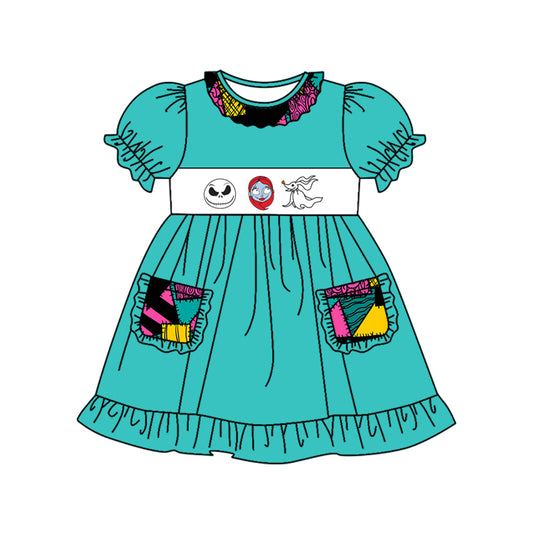 preorder GSD1313 Halloween skull blue short sleeve colorful stitch print pockets girls dress