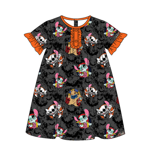 preorder GSD1314 Halloween skull cartoon animals black short sleeve girls dress