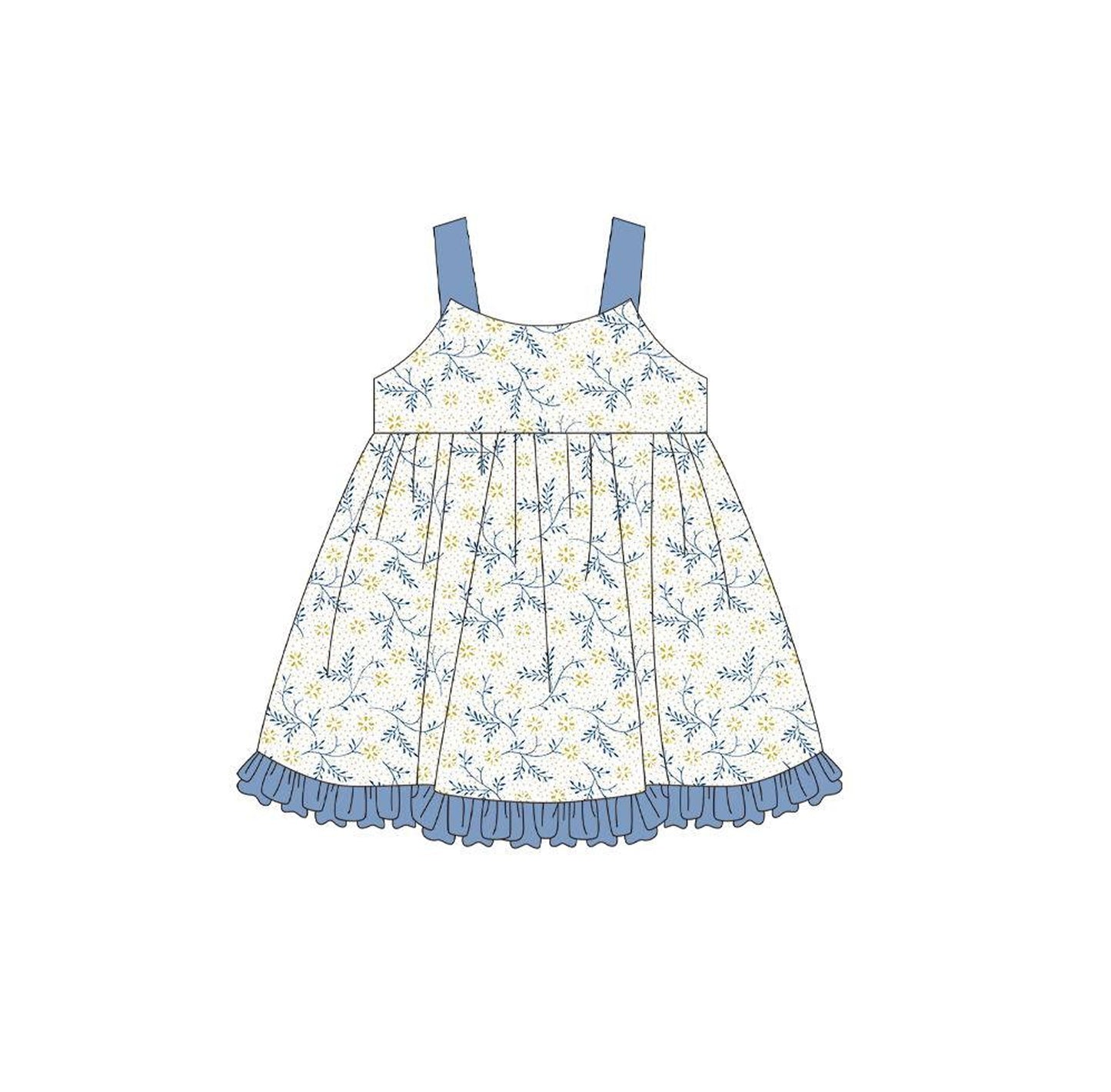 preorder GSD1316 yellow flowers blue sleeveless girls dress