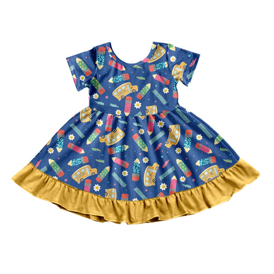 preorder GSD1328 back to school pen bus blue short sleeve girls dress