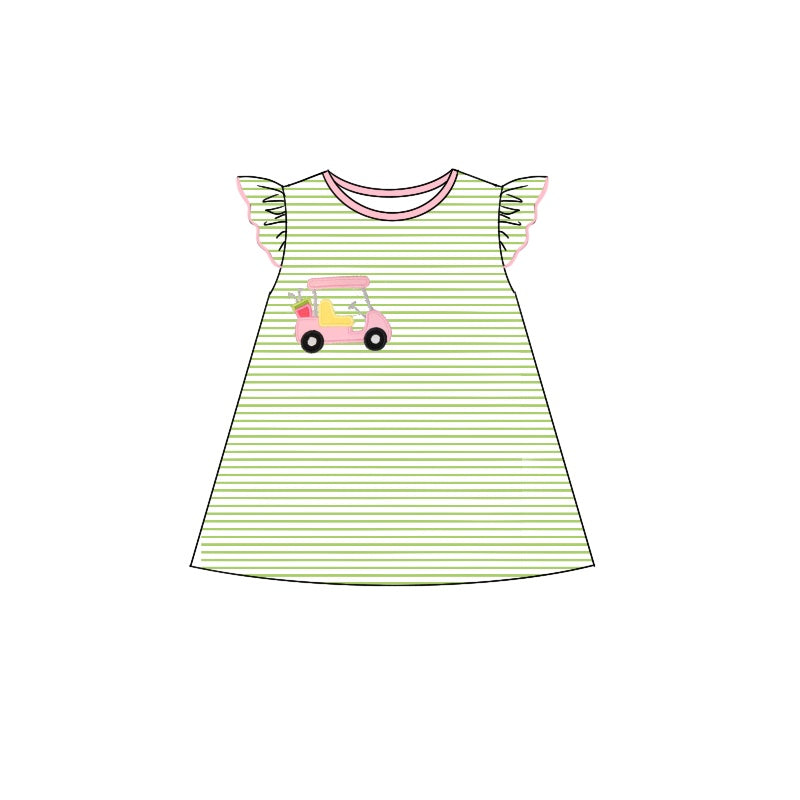 preorder GSD1342 golden car green striped flutter sleeve girls dress