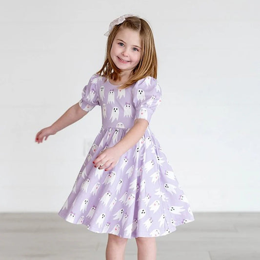 preorder GSD1368 Halloween spooky purple short sleeve girls dress