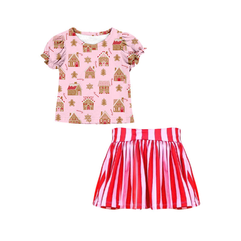 Preorder GSD1401 Christmas gingerbread man pink short sleeve red pink striped skirt girls 2pcs set