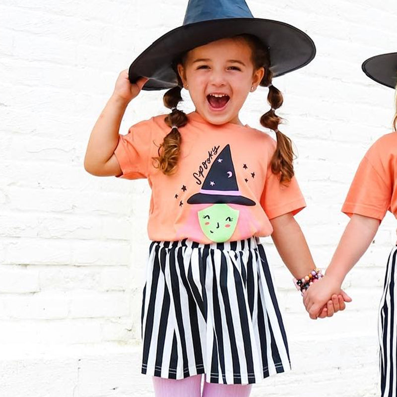 Preorder GSD1406 Halloween hat smile short sleeve black striped skirt girls set