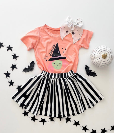 Preorder GSD1406 Halloween hat smile short sleeve black striped skirt girls set